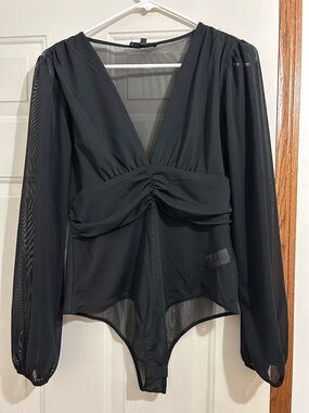 Black Sheer V-Neck Ruched Long-Sleeve Bodysuit